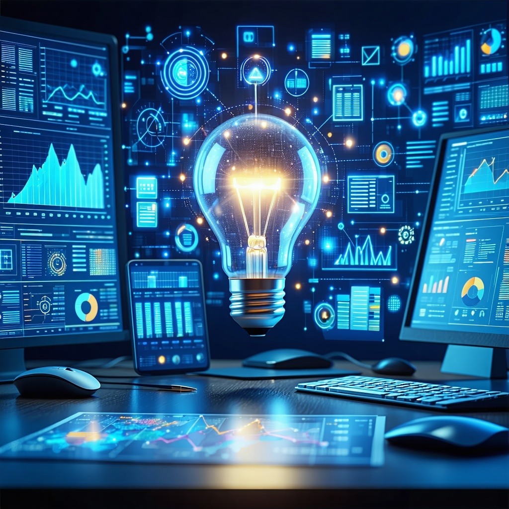 The image features a sleek modern digital interface displaying a dashboard filled with vibrant graphs and charts The background is a deep rich blue symbolizing trust and professionalism Prominent in the center is a glowing stylized light bulb represe-1