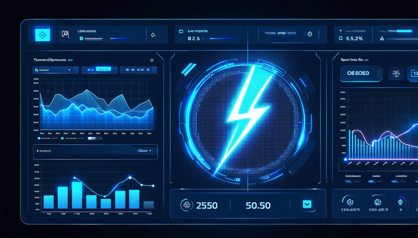 A futuristic dashboard displaying realtime data analytics with a digital lightning bolt symbolizing speed and power