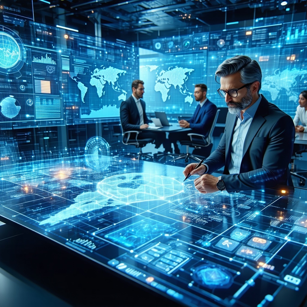 The image depicts a futuristic digital landscape where a complex interactive digital twin is showcased on a hightech dashboard The dashboard displays various animated graphs and simulations illustrating data flows market trends and disaster recovery-1