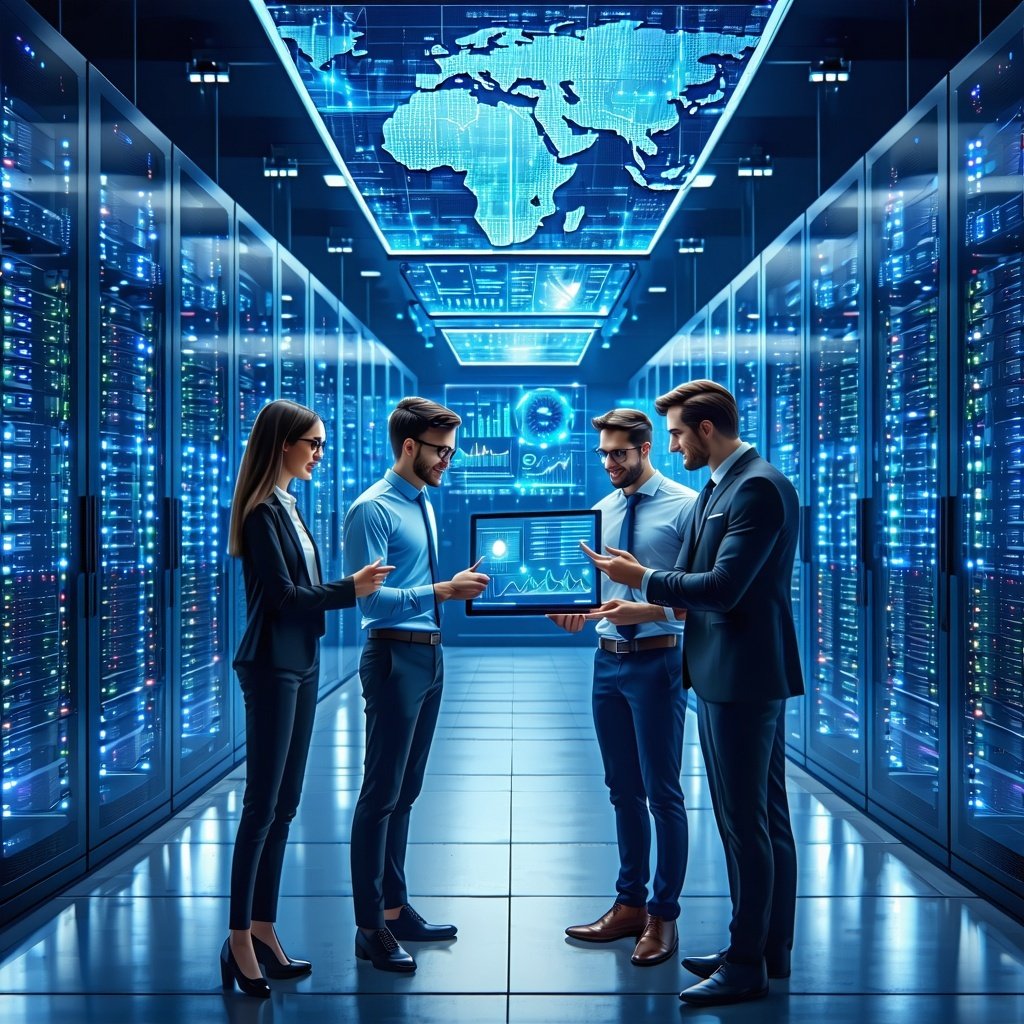 The image depicts a modern data center filled with rows of sleek hightech servers their LED lights softly glowing in a dimly lit environment The servers are neatly arranged in a cavernous space with cooling vents and cables meticulously organized Abo-1