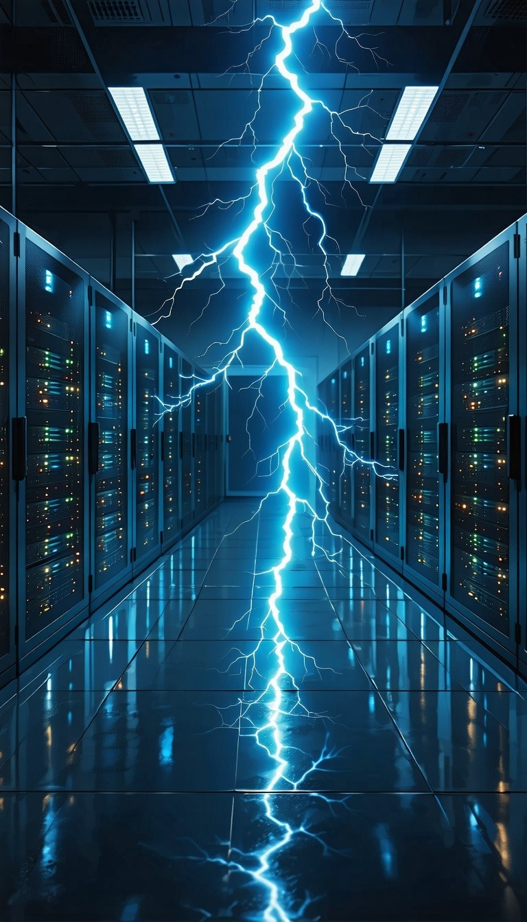 a Lightning bolt lightning up a massive server room-1